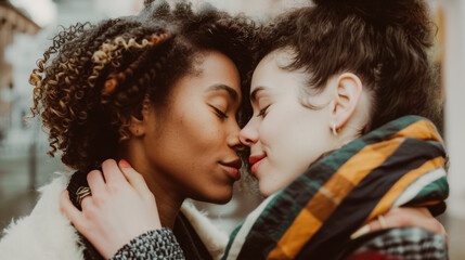 Obraz premium Two women embracing and touching noses with their eyes closed, wearing cozy winter clothing
