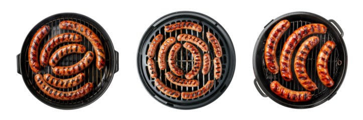 Sausages on grill isolated on transparent background, top vew