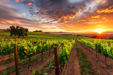 Fototapeta premium An expansive vineyard under a breathtaking sunset with vibrant green rows and dramatic cloudscape, illustrating nature's harmony and agricultural beauty