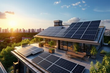 Solar panels on the roof, green energy for home. Alternative electricity source. Concept of sustainable resources. Modern houses with photovoltaic panels. Beautiful sunset.