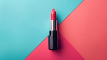 Minimal flat lay of creative cosmetics for pink lipstick on colorful background