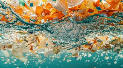 A blue ocean with a lot of trash floating on the surface