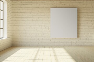 Empty room loft beige color interior with big window white walls, bricks, wooden beams and floor.