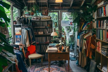 European secondhand. Store with clothes and books organized on shelves for customers