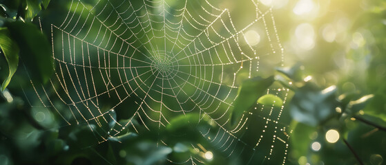 Intricate Spider Web with Morning Dew in 4K Close-up Photography