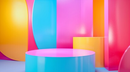 A colorful room with a blue wall and a pink wall. There are four round objects in the room, all of which are different colors. colorful product podium, colors green, red, blue, yellow, pink, orange