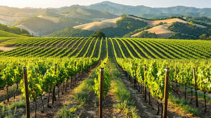 Fototapeta premium Vineyard with rows of green vines