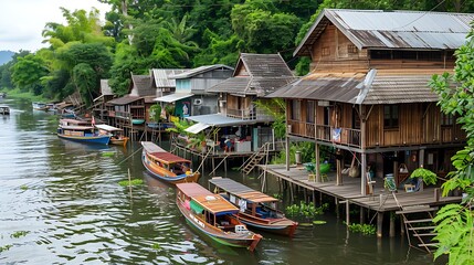 Fototapeta premium Tranquil Scene of Traditional Wooden Houses on Mae Klong River Bank in Amphawa, Thailand