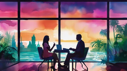 Silhouettes of financial advisors planning portfolios, watercolor, elegant setting, bright colors