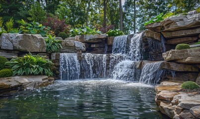 Serene Waterfall Cascade in a Lush Garden
