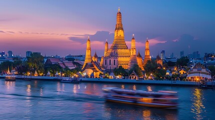 Obraz premium Twilight Illumination of Wat Arun Temple with River Reflections and Passing Boats