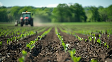 Farmer working on a green field with a tractor on a sunny day