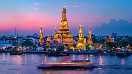 Naklejka premium Serene Twilight at Wat Arun: Illuminated Temple Reflections on Chao Phraya River