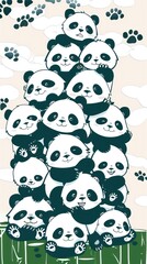 Fototapeta premium Stack of Happy Pandas on Bamboo