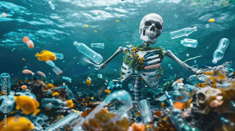 Wall mural A skeleton is floating in the ocean with plastic bottles - Wall murals