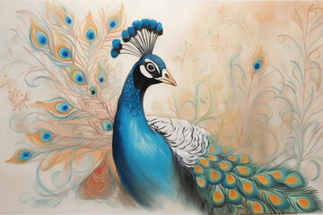 A painting of a peacock using pastel tone color 3.
