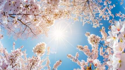 Upward View of Cherry Blossoms with Sun