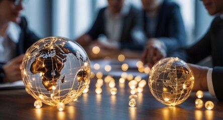 A dynamic global business and digital organization where a business team collaborates on network connections and data exchange.