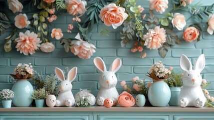 Pastel Easter decor with ceramic bunnies, flowers, and eggs against a blue brick wall.