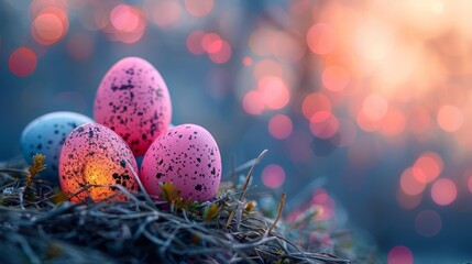 Three speckled Easter eggs in a nest with a blurred background of colorful bokeh.