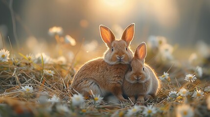 Two brown rabbits cuddle together in a field of wildflowers at sunset.