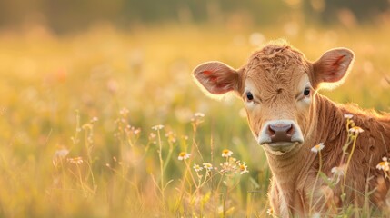 Obraz premium Calf in field with space for text