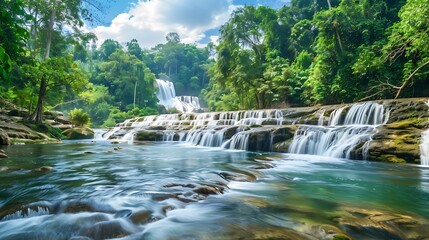 Naklejka premium Tranquil Beauty of Sai Yok National Park: Scenic Forests, Glistening River, and Majestic Waterfalls