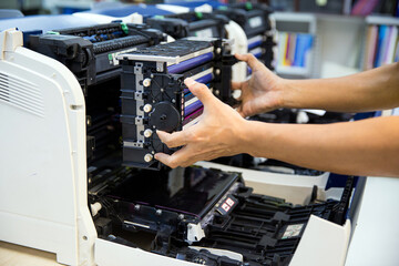 Technician open cover printer fix repair problem and replace drum and ink cartridges and for print...