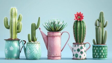 Cactus and succulents potted with watering pot