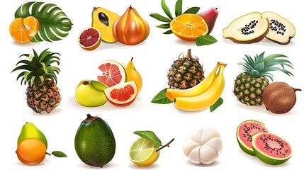 Set of exotic tropical fruits on a clean white background.