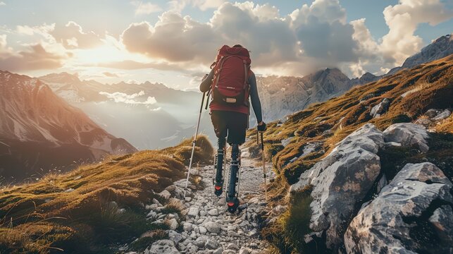 Hiker with Prosthetic Legs Exploring Breathtaking Mountain Landscape - Powered by Adobe