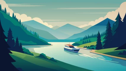Selbstklebende Fototapeten Grün Blau Illustration of a traveling  boat on a river with a beautiful natural landscape with green trees, natural lighting, and a natural background  © Sumondesigner_42