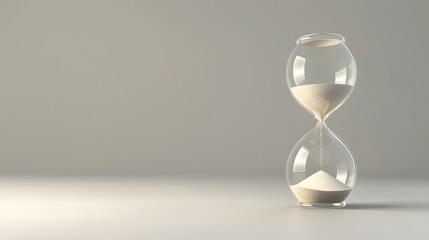 Close-up of an hourglass with sand trickling down, set against an empty grey background with ample copy space, symbolizing the countdown and the passage of time towards a deadline