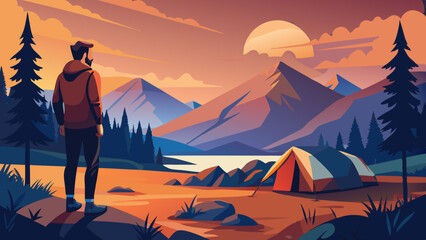 Fototapeta premium A young male traveler is watching the sunset and camping on a mountain. Adventure travel lifestyle concept vector illustration 