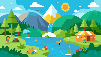 Obraz premium A beautiful nature scene with a blue sky, birds, a lake, a waterfall, flowers, green grass, and small animals