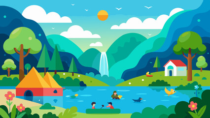 A beautiful nature scene with a blue sky, birds, a lake, a waterfall, flowers, green grass, and small animals