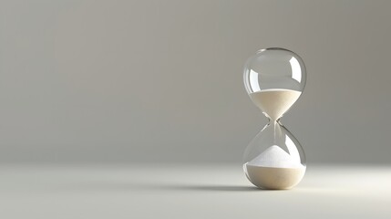 Conceptual illustration of a classic hourglass with sand falling, placed on a grey background with clear copy space, representing the urgency and pressure of a ticking countdown