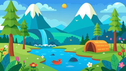 A beautiful nature scene with a blue sky, birds, a lake, a waterfall, flowers, green grass, and small animals