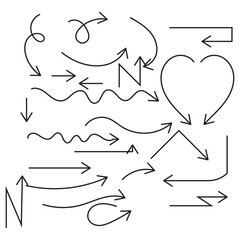 Doodle arrows. Hand drawn line pointers, pencil sketch elements, round curly wavy direction arrows. Vector linear black arrow set
