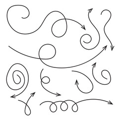 Doodle arrows. Hand drawn line pointers, pencil sketch elements, round curly wavy direction arrows. Vector linear black arrow set
