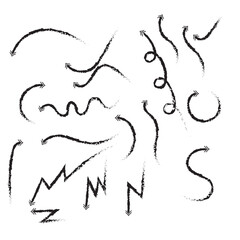 Doodle arrows. Hand drawn line pointers, pencil sketch elements, round curly wavy direction arrows. Vector linear black arrow set