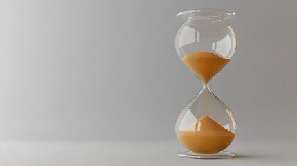 Digital rendering of a transparent hourglass with golden sand passing through, set against a grey background with room for text, emphasizing the themes of time management and impending deadlines