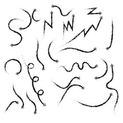 Doodle arrows. Hand drawn line pointers, pencil sketch elements, round curly wavy direction arrows. Vector linear black arrow set
