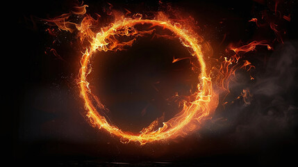 Fototapeta premium Flame circle with movement on black background. Red blaze fire flame texture style. 