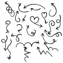 Set of black hand drawn arrow element vector. Collection of doodle arrows, lines, symbol, pointing mark, shapes on white background. Simple icon illustration for education, decoration, map. 