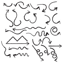 Set of black hand drawn arrow element vector. Collection of doodle arrows, lines, symbol, pointing mark, shapes on white background. Simple icon illustration for education, decoration, map. 