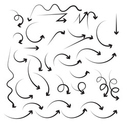 Set of black hand drawn arrow element vector. Collection of doodle arrows, lines, symbol, pointing mark, shapes on white background. Simple icon illustration for education, decoration, map. 
