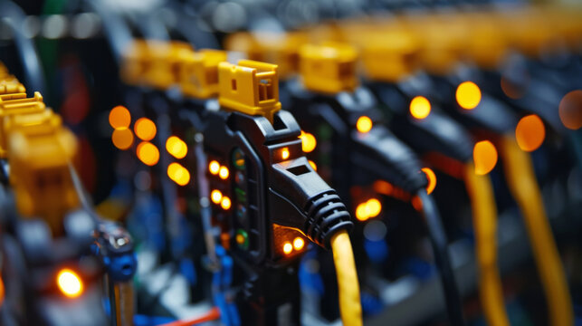 Close-up of yellow and black network cables and connectors with glowing lights in a server room.