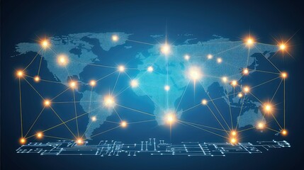 A glowing digital world map overlays a dark, intricate circuit board, symbolizing global connectivity and technology. Interwoven circuits illuminate the world, forging a path of global connection.