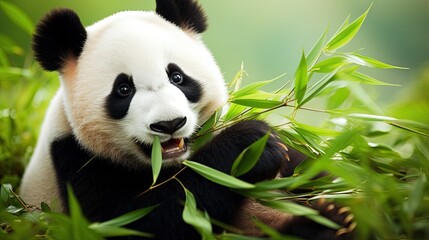Fototapeta premium A panda eats a large bamboo stalk. Elegant dining as the panda enjoys its bamboo delicacy.